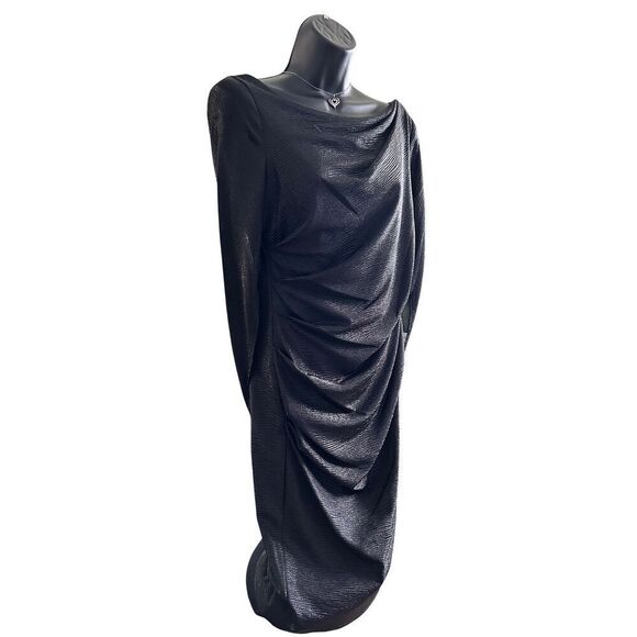 R&M Richards Women's Sz 8 Drape Back Metallic Knit Split Sleeve Short Dress Blck - Picture 9 of 16